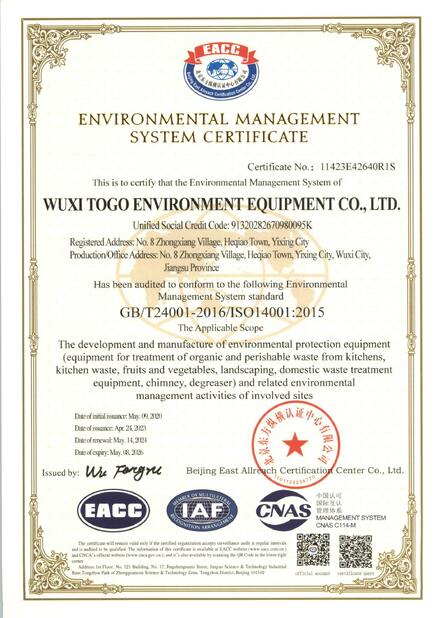 TRUNG QUỐC WuXi TOGO Environment Equipment Co., Ltd. Chứng chỉ